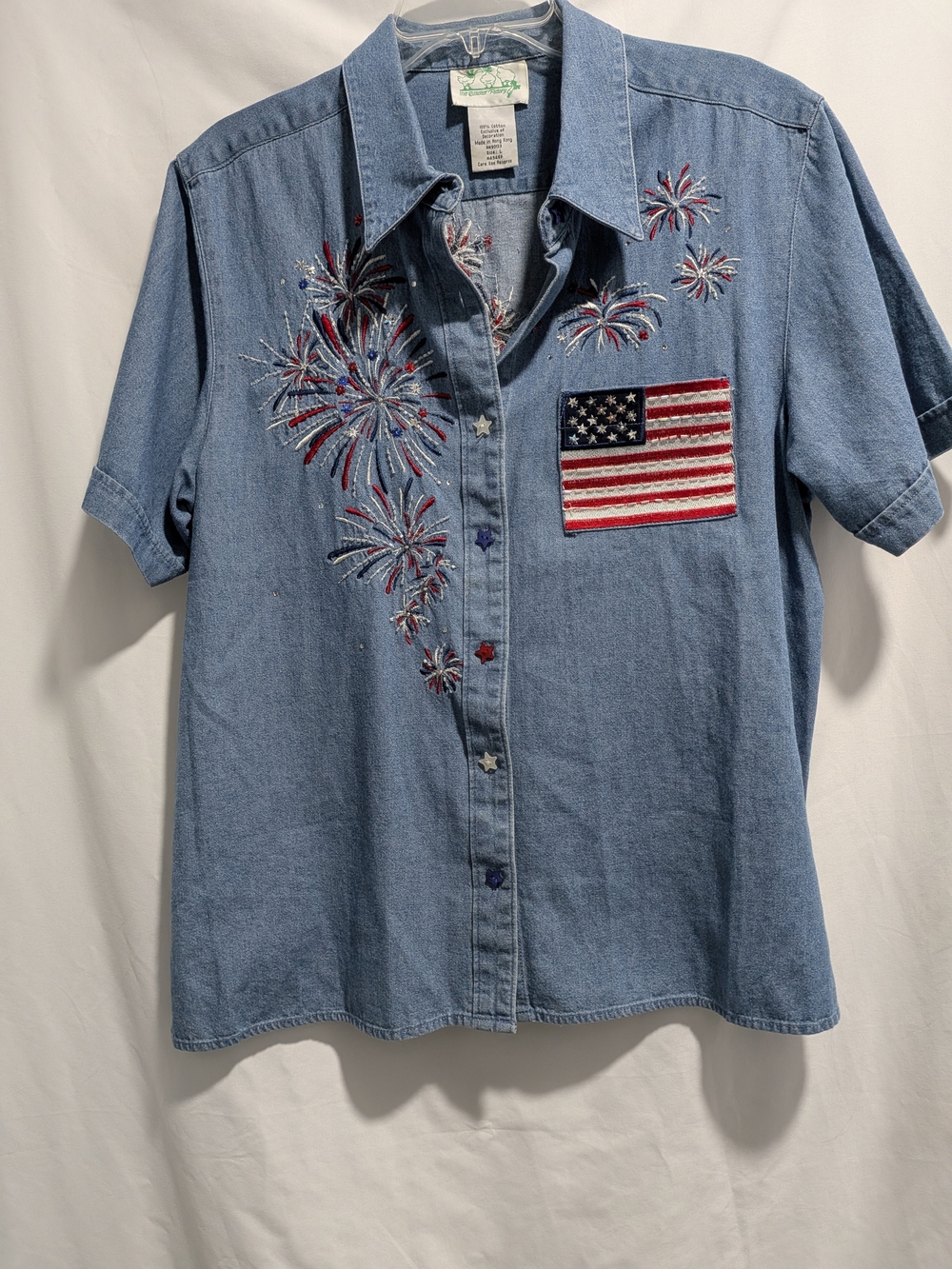 Quacker Factory Light Denim Short-Sleeve Button-Up with Patriotic Embroidery